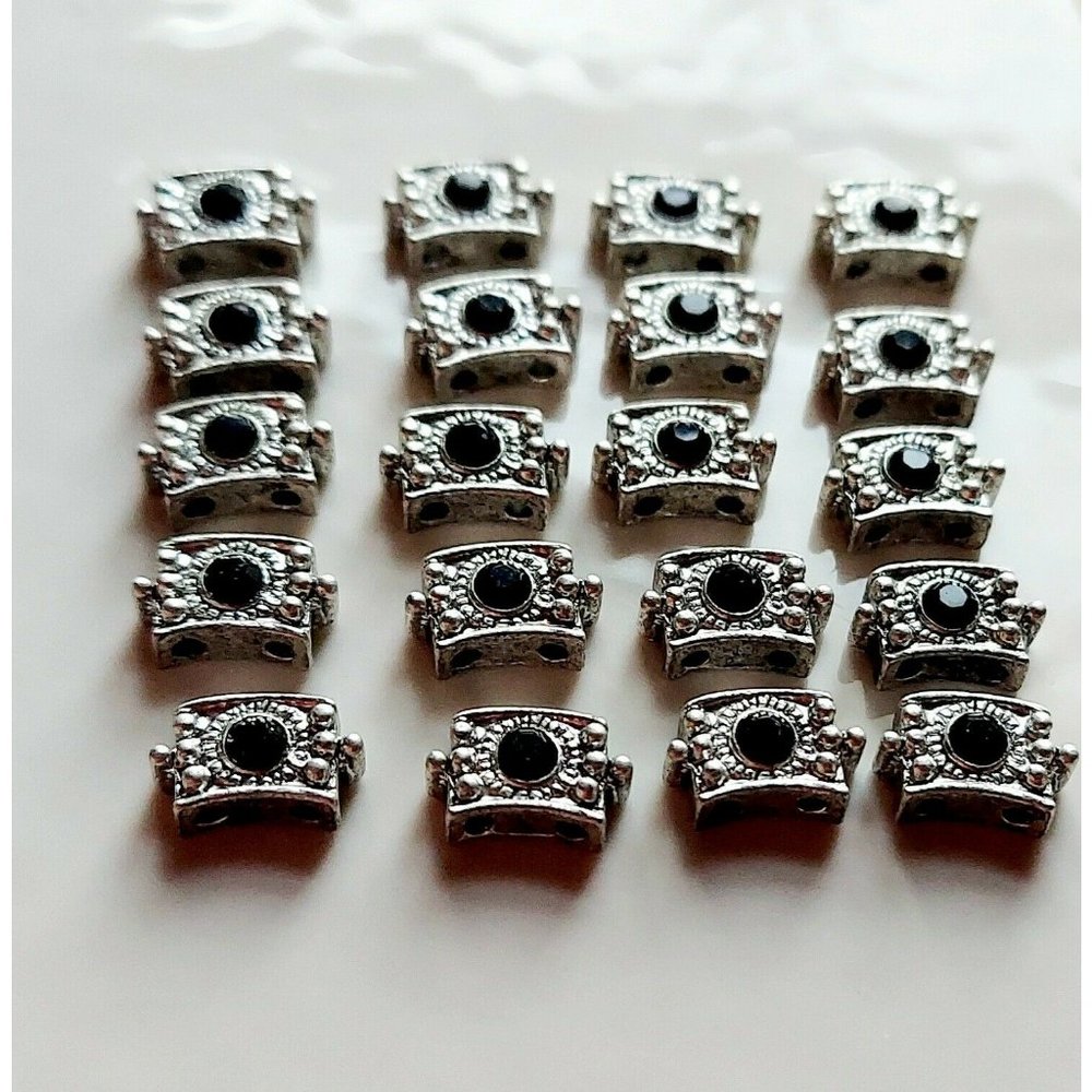 Lot of 20 Double Hole Silver Metal Sliders Beads Jet Black Austrian Crystal 14mm